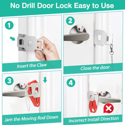No drill installation steps for Portable Door Lock For Travel And Home Security Easy Install Defender Latch in use on door.