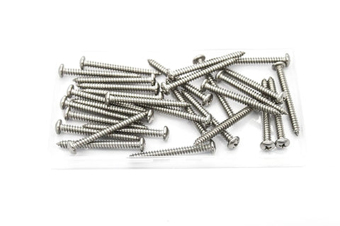 Thirty Piece Heavy Duty Stainless Steel Screws Number Ten By Two Inch Self Tapping Pan Head Wood And Metal Fasteners Zero Rust Top Shelf Cross Drive Hardware Bulk Lot in a tray.
