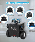 DIY Robot Kit Soldering Project For Teens And Adults With Time And Expressions Display Interactive Robot Car Soldering Practice Kit STEM Education For Back To School And Hands On Experiments, black wheeled robot showing 5 movements