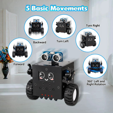 DIY Robot Kit Soldering Project For Teens And Adults With Time And Expressions Display Interactive Robot Car Soldering Practice Kit STEM Education For Back To School And Hands On Experiments, black wheeled robot showing 5 movements