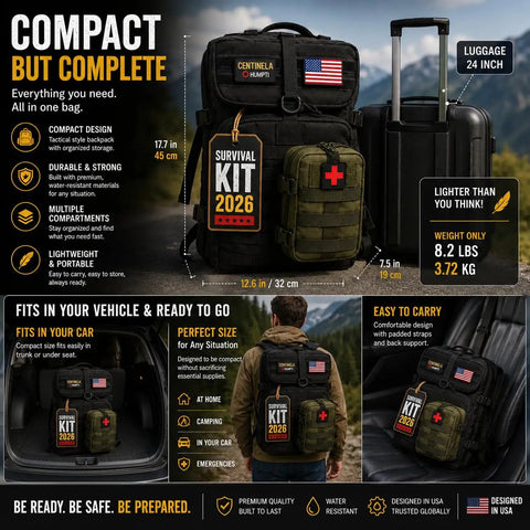 Be Ready For Anything With This All In One Ultimate Bug Out Bag Emergency Kit For Families And Vehicles A 72 Hour Survival Backpack showcasing size and features next to a 24-inch luggage case.