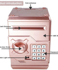 Cool Mini ATM Piggy Bank For Kids With Electronic Code Lock And Money Counter shown in rose gold with labeled features.