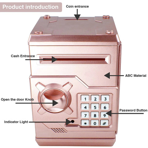 Cool Mini ATM Piggy Bank For Kids With Electronic Code Lock And Money Counter shown in rose gold with labeled features.