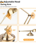 Brass Vintage Desk Lamp With USB Port, Dimmable Touch Control, 3 Color Modes, adjustable arm angles and foldable storage