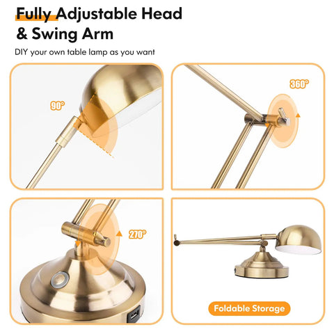 Brass Vintage Desk Lamp With USB Port, Dimmable Touch Control, 3 Color Modes, adjustable arm angles and foldable storage