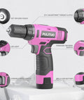 12V Pink Cordless Drill Kit With Battery And Charger, 3/8 Inch Keyless Chuck, Built In LED Work Light, 21 Plus 1 Torque Settings shown.