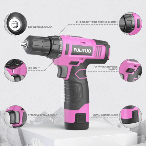 12V Pink Cordless Drill Kit With Battery And Charger, 3/8 Inch Keyless Chuck, Built In LED Work Light, 21 Plus 1 Torque Settings shown.