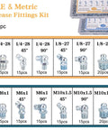Chart of 230 Piece SAE And Metric Grease Fittings Kit with sizes 1/4-28, 1/8-27, M6x1, M10x1.5, showing straight, 45° and 90° angles