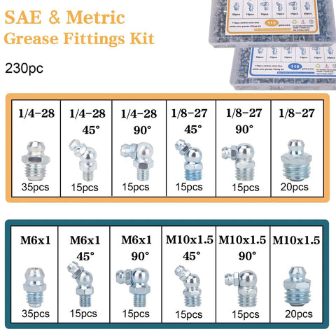 Chart of 230 Piece SAE And Metric Grease Fittings Kit with sizes 1/4-28, 1/8-27, M6x1, M10x1.5, showing straight, 45° and 90° angles