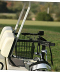 Golf cart with rack in grassy area, basket and clubs visible. No relation to Three Set Pack Rubber T-Handle Draw Latches.