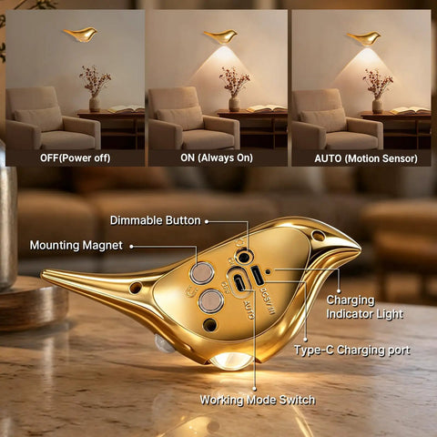 Super Sleek Bird Motion Sensor Wall Light With Heavy Duty Rechargeable Battery 2 Pack Zero Hassle USB Setup showing controls and settings.