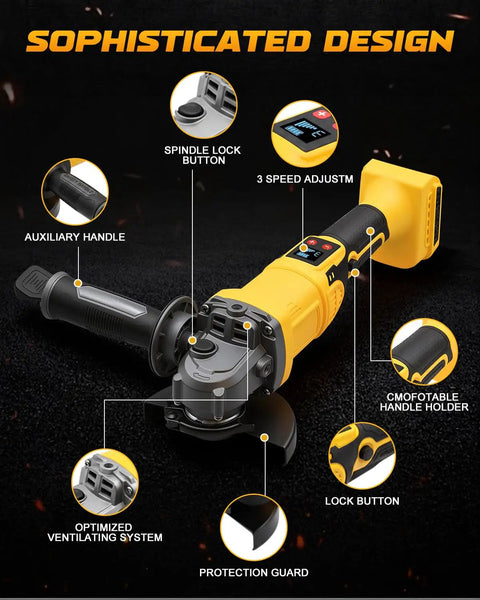 Close-up of Heavy Duty Cordless Angle Grinder 4.5 Inch showcasing spindle lock, 3-speed adjust, and protection guard.