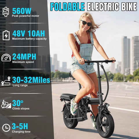Woman riding foldable electric bike for adults and teens, city commuter ebike with 560W motor, 24 MPH top speed
