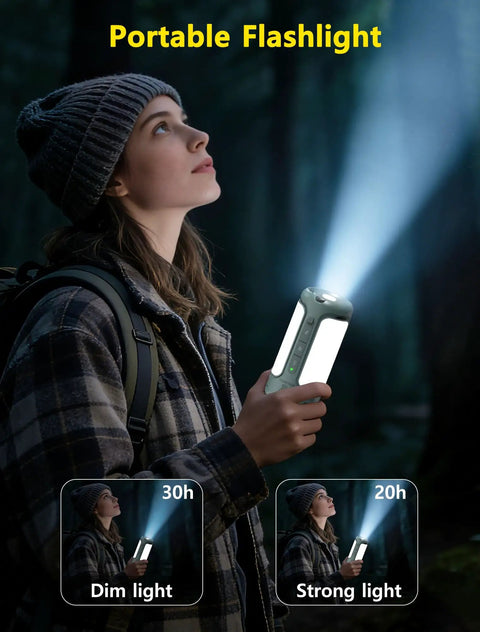 Person using Rechargeable 3-In-1 Camping Lantern With Foldable Tent Light And Handheld Flashlight, 1500LM, 10000mAh Power Bank, in forest.