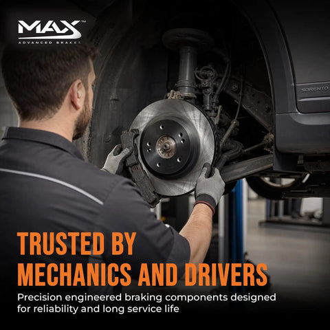 Mechanic installing Rear Brake Kit With Carbon Ceramic Rotors For 2010 To 2018 Hyundai Santa Fe Sport Santa Fe XL And 2011 To 2020 Kia Sorento OE Replacement Pads And Rotors Built For Real Deal Stopping Power
