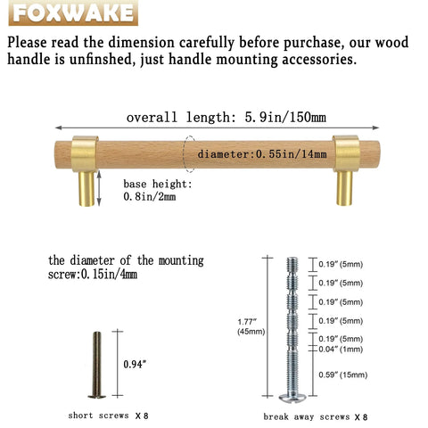 Natural Wood Kitchen Cabinet Handles 2 To 5 Inch 4 Piece Set showing dimensions and mounting screws.