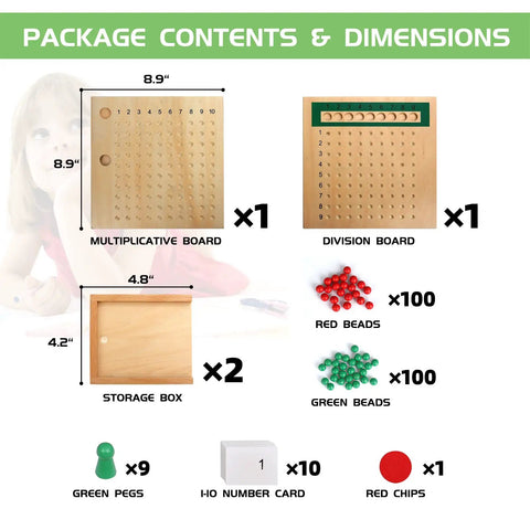 Montessori Math Board For Multiplication And Division Hands On STEM Wooden Educational Toy package contents and dimensions