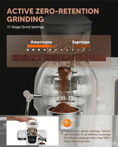 White Semiautomatic Espresso Machine With Built In Grinder showing 11-stage grind settings for fresh coffee preparation.
