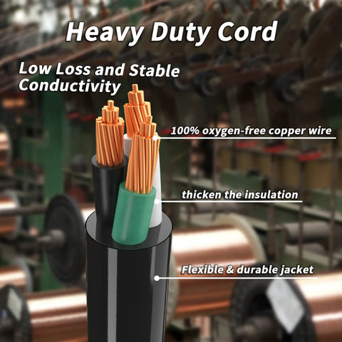 Cross-section of heavy-duty RV extension cord showing copper wires, insulation, and jacket. Focus: 50 Foot 30 Amp RV Extension Cord.