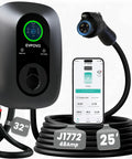Beefy 48 Amp Level 2 EV Charger With J1772 Plug, 11.5 kW 240V Fast Home Charging Station showing cable and smartphone app