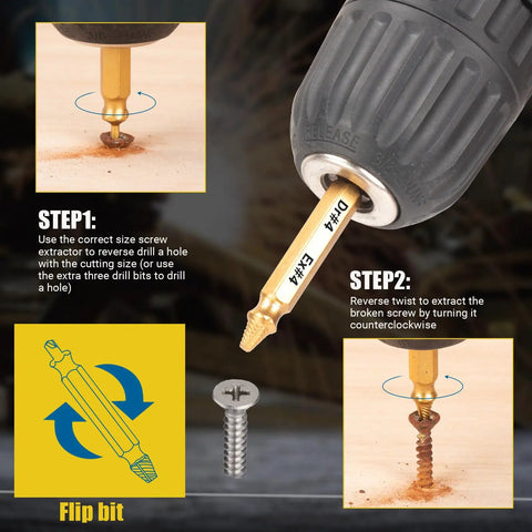10 Pc HSS 6542 Screw Extractor Remover Kit in use, showing gold-plated bit removing a stripped screw from a wooden surface
