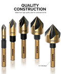 Pro Grade Countersink Drill Bit Set for Wood and Metal, 5-piece M2 HSS with 82-degree tips, various sizes including 1/4 in shank.