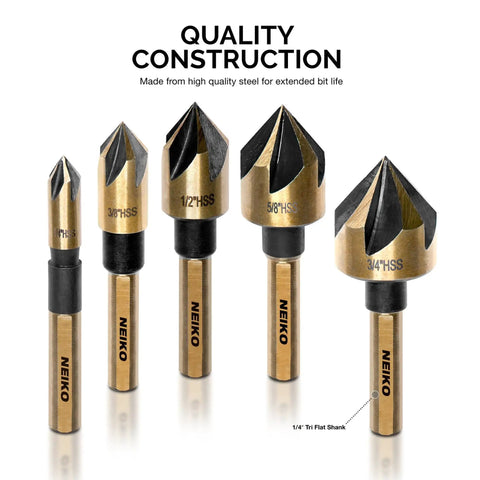 Pro Grade Countersink Drill Bit Set for Wood and Metal, 5-piece M2 HSS with 82-degree tips, various sizes including 1/4 in shank.