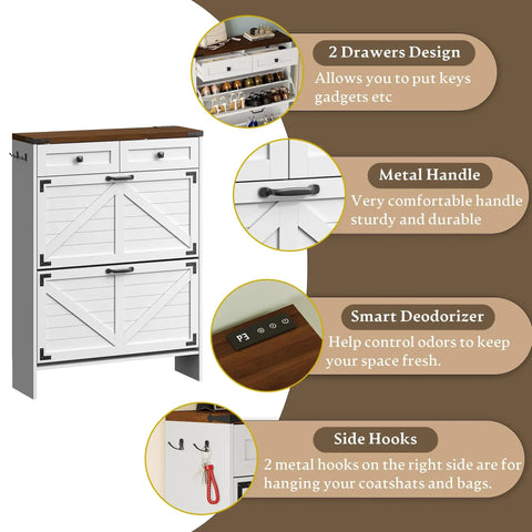 Farmhouse Narrow Shoe Cabinet With Odor Control Deodorizer 2 Flip Drawers 2 Top Drawers Adjustable Shelves And Side Hooks For Entryway Shoe Storage For Busy Entryways