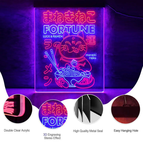 Lucky Cat Maneki Neko Ramen Neon Sign LED Light For Home Wall Decor Handmade Japanese Anime Dual Color Red And Blue 12 By 16