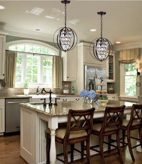 Bronze Vintage Crystal Pendant Light Fixture 1 Light Metal Hanging Chandelier in farmhouse kitchen over island