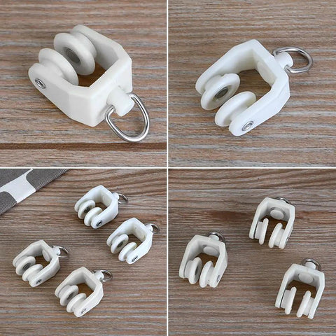 Fifty Piece Heavy Duty Ceiling Curtain Track Rollers With Flexible Bendable Clips and Rock Solid Construction For No Fuss Sliding In Modern Home Spaces, white double wheel slider hooks.