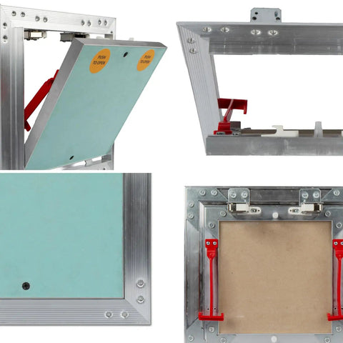 Straight Up Durable 8 X 8 Inch Drywall Access Panel Paintable Wall Repair Cover With Waterproof Aluminum Frame And Flush Mount Ceiling Hatch Built Like A Tank Plug And Play detailed view showing opening mechanism.