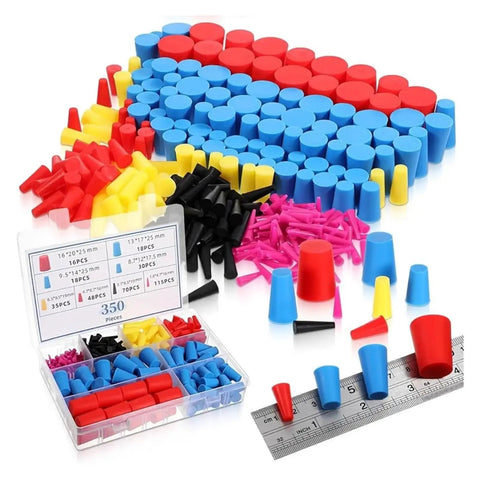 Awesome Silicone Rubber Tapered Plug Kit With 350 Premium Stoppers In 8 Sizes From Tiny One Inch Sixteenths To Half Inch Plus Great For Sealing Leaks Or Plugging Holes Without Fear Of Cracking Or Shrinking Over Time, assorted silicone stoppers sorted by size
