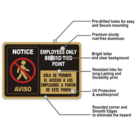 Employees Only Beyond This Point Sign Bilingual Aluminum 10 x 7 Inches Do Not Enter Restricted Area Door Sign No Customers Allowed