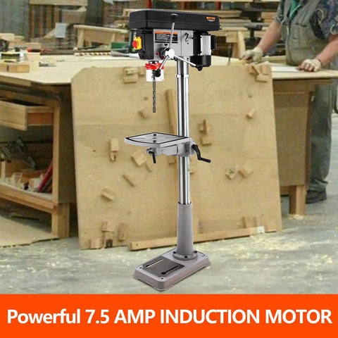 Built Tough Heavy Duty 15 Inch Cast Iron Bench Drill Press With Knockout 7 Point 5 Amp Pure Copper Motor And Workhorse Variable Speed Handle for smooth operation.