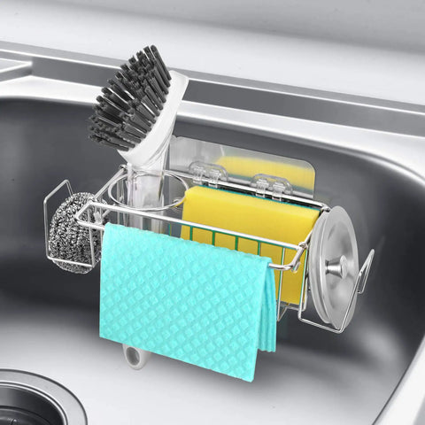 5 In 1 Sponge Holder For Kitchen Sink Space Saving SUS304 Stainless Steel Organizer No Drilling Or Adhesive Two Ways To Install Holds 2 Sponges 1 Dish Cloth 1 Brush And 2 Sink Strainers