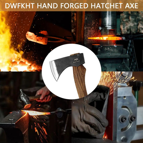 15.7 Inch Camping Hatchet With Beech Handle, hand-forged axe with close-up of forging process and wooden handle