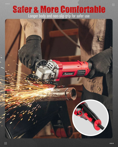 AVID Power red 4-1/2in angle grinder in use on metal tube; side view with sparks, inset close-up of end.