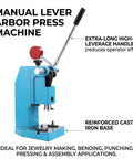 Manual lever arbor press machine with reinforced cast iron base and extra-long handle for effective batch embossing.