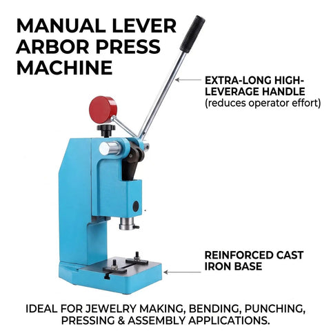 Manual lever arbor press machine with reinforced cast iron base and extra-long handle for effective batch embossing.