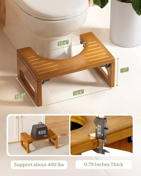 7 Inch Bamboo Toilet Stool For Adults, Foldable Squat Potty Stool For Bathroom, 0.79 Inch Thick With Non Slip Strip, Dark Wood Finish