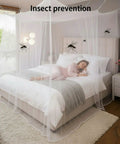Mosquito Net Bed Canopy With Princess Lace, White Four Corner Support, Fits Twin, Full, Queen, King Sizes, Single Side Opening
