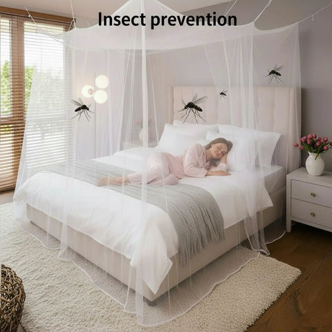 Mosquito Net Bed Canopy With Princess Lace, White Four Corner Support, Fits Twin, Full, Queen, King Sizes, Single Side Opening