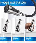 Top Shelf High Arc Pull Down Kitchen Faucet Delivering Three Quick Adjust Spray Patterns In Rust Resistant Brushed Nickel with modes shown.