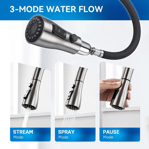 Top Shelf High Arc Pull Down Kitchen Faucet Delivering Three Quick Adjust Spray Patterns In Rust Resistant Brushed Nickel with modes shown.