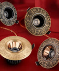 UWYTGF 5 Pack Style Led Recessed Lighting, three brass pattern can lights with decorative trim and black background.