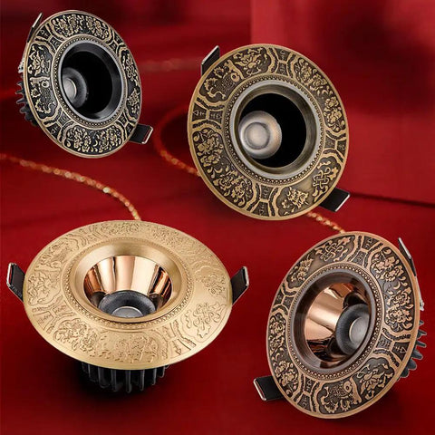 UWYTGF 5 Pack Style Led Recessed Lighting, three brass pattern can lights with decorative trim and black background.