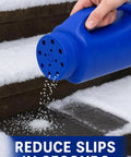 Blue heavy duty hand held spreader with adjustable hole size on steps, spreading salt to reduce ice, 2 L capacity.