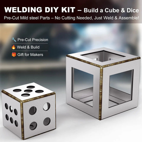 Welding DIY kit with a cube and dice made of pre-cut mild steel parts for easy assembly. Shown are finished projects on a table.
