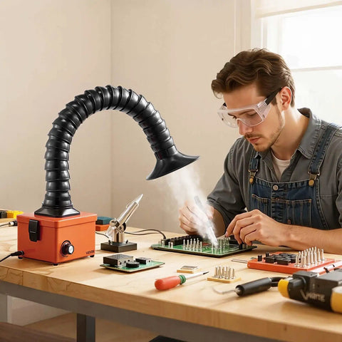 Man using Solder Fume Extractor With 40W Brushless Motor, Two Stage Filters, Adjustable Airflow, 80 M3/H Suction for soldering project.